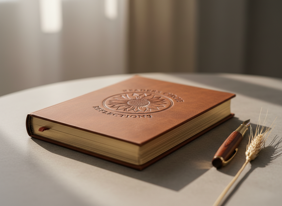 A close-up of a luxuriously bound reading journal designed for book club reflections, with a matte, deep-amber cover embossed with a small sunflower circle and the words “Readers Circle Reflections” in delicate serif type. The journal rests slightly angled on a smooth stone tabletop, its pages edged in subtle gold. To the side lies a slim, uncapped fountain pen with a dark wood barrel and fine gold nib, and a single dried wheat sprig. Soft side lighting from a nearby window skims across the embossing, accentuating texture and craftsmanship. The background melts into a gentle blur of neutral tones. Photographed at a low, intimate angle with shallow depth of field, the image feels polished, contemplative, and quietly luxurious, ideal for a sophisticated women’s book club brand.