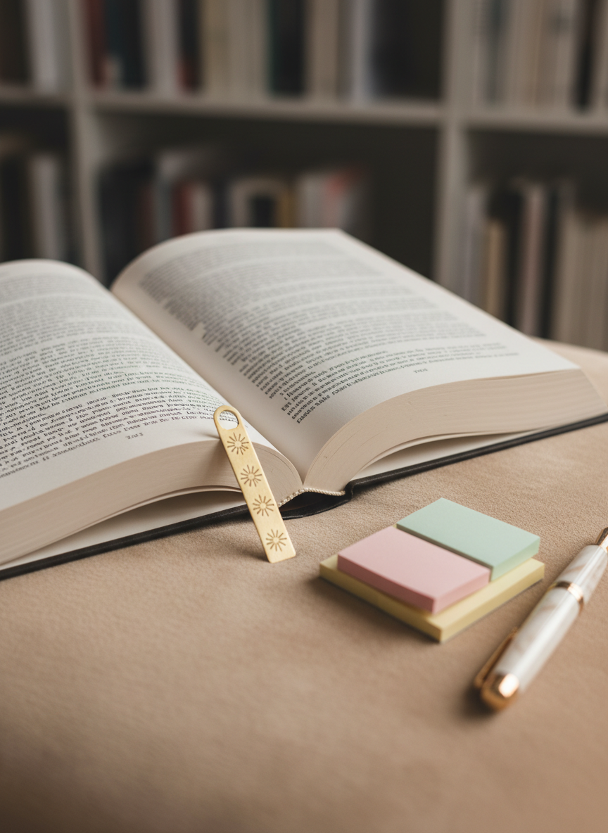 An open hardcover book displaying clean, cream-colored pages with neatly printed text, lying on a plush sand-colored velvet cushion. Next to the book, a slim brass bookmark engraved with tiny sunburst motifs catches soft, diffused afternoon light. On the cushion’s edge, a small stack of pastel sticky notes and an elegant fountain pen with a marbled ivory body suggest thoughtful reflection. The background fades into a blurred bookshelf with orderly rows of similarly toned books. Shot from a slightly elevated angle with a shallow depth of field, the focus remains crisp on the open pages and bookmark. The photographic, minimalist style and gentle, even lighting create a serene, contemplative atmosphere aligned with personal growth and introspection.