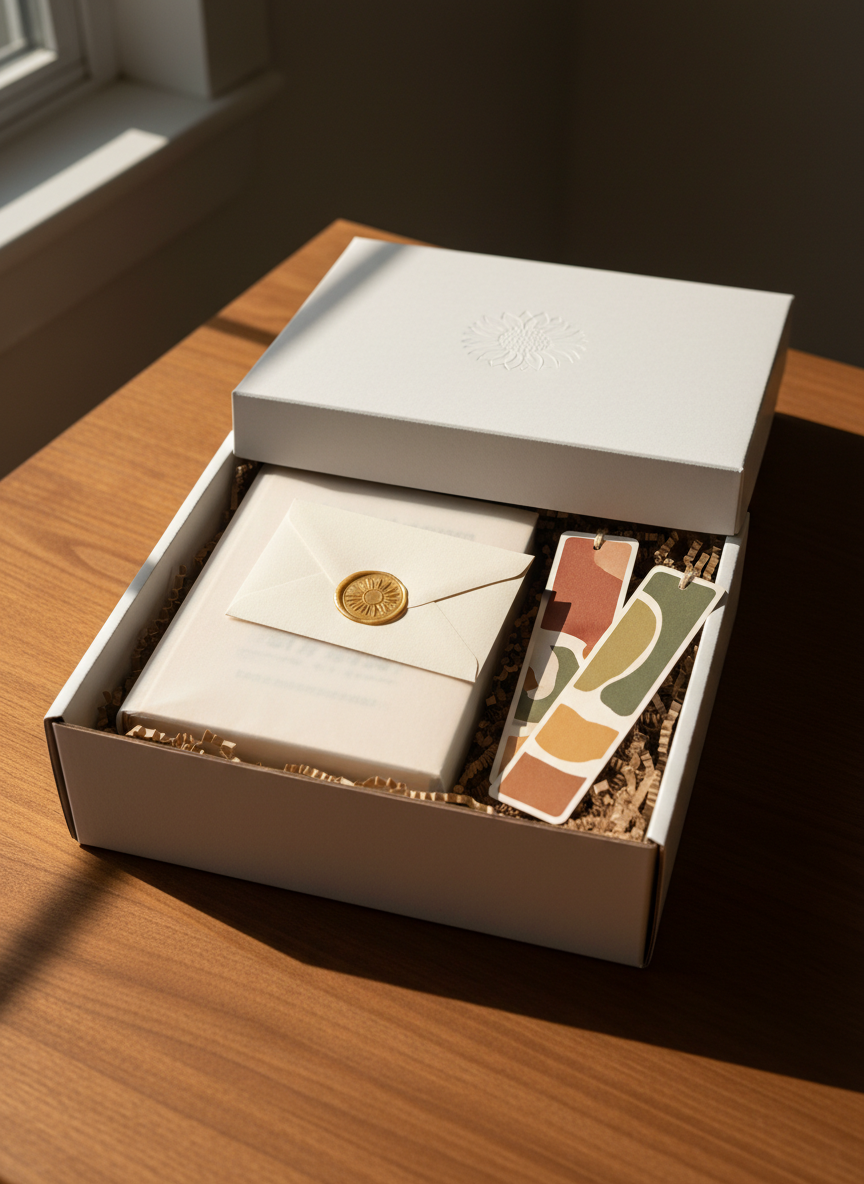 A monthly book subscription box in matte, soft-white cardboard with a refined sunflower emblem subtly debossed on the lid, positioned slightly open on a smooth walnut desk. Inside, crinkled kraft paper nests a single hardcover book wrapped in translucent vellum, a small ivory envelope sealed with a gold wax sunburst, and a set of three slim, earth-toned bookmarks. Late afternoon natural light from a nearby window casts long, graceful shadows, highlighting textures and finishes. Shot from a three-quarter overhead angle with balanced composition, the focus is sharp on the box contents while the edges fall gently out of focus. The photographic realism, warm neutral palette, and careful arrangement communicate a premium, sophisticated unboxing experience and a sense of anticipation.