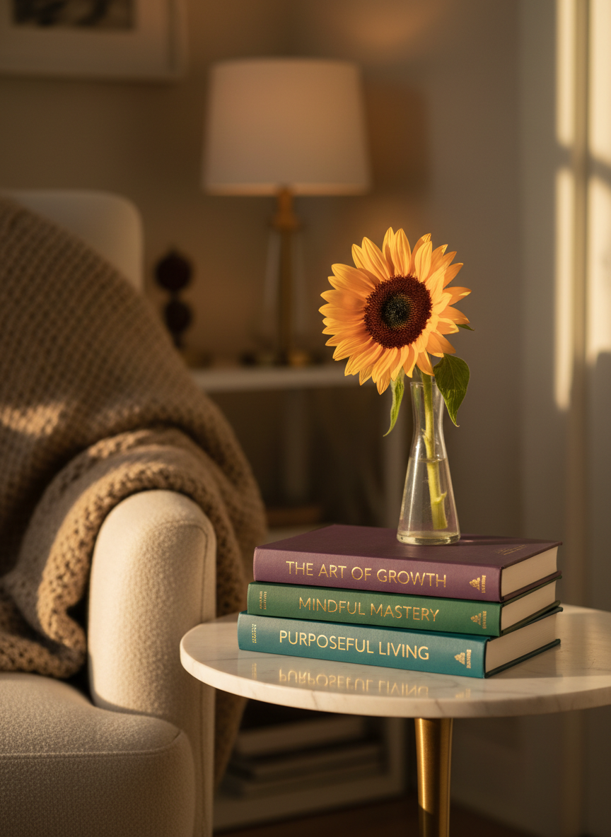 A small stack of three beautifully designed personal development books in muted jewel tones—plum, forest green, and deep teal—each with minimalist, gold-foil titles, arranged neatly on a round marble side table. A single fresh sunflower in a slim glass vase stands behind them, its petals luminous in soft golden-hour light streaming through an unseen window. A textured wool throw in a neutral taupe tone drapes over the edge of a nearby armchair, just entering the frame. Captured at eye level with a slightly off-center composition and gentle background bokeh, the scene feels warm, refined, and aspirational. The photographic realism and understated palette create an atmosphere of sophisticated comfort and intellectual curiosity.