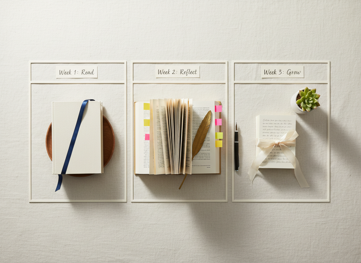 A calendar-style layout on a pale linen-textured desk surface, featuring three stages of a reading journey represented by objects: a neatly closed book with a satin ribbon for “Week 1: Read”, an open book with sticky notes and a brass bookmark for “Week 2: Reflect”, and a small stack of filled index cards bound with a silk ribbon for “Week 3: Grow.” Subtle handwritten headers on delicate cardstock indicate each stage. Soft overhead daylight creates refined, low-contrast shadows, giving the scene an airy, organized feel. Shot from directly above with a precise, grid-like composition, the image feels structured yet gentle. Photographic realism and a muted, sophisticated palette support the idea of a thoughtful, guided personal growth path.
