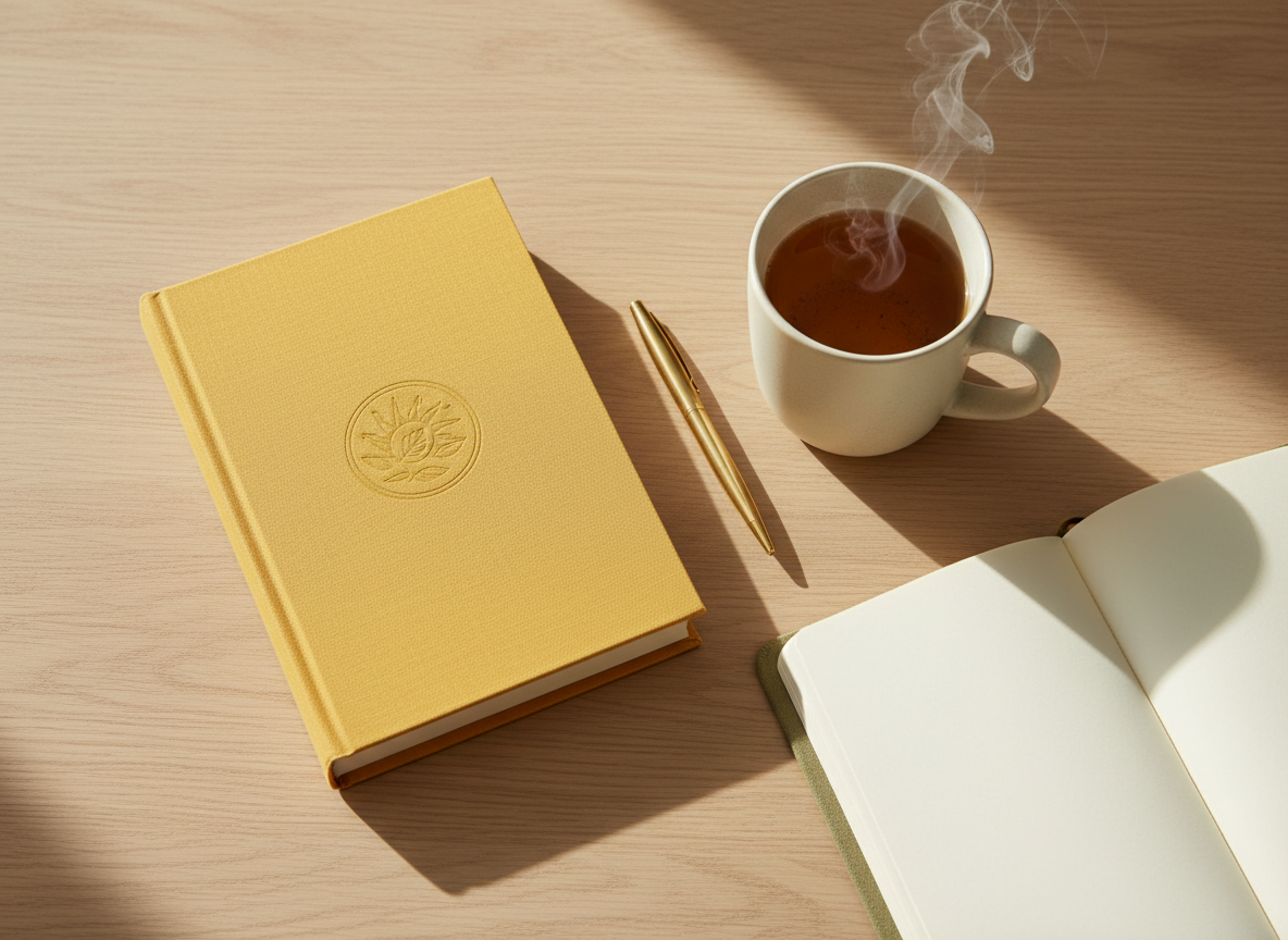 An elegantly arranged flat lay of a hardcover personal growth book with a soft linen-textured sunflower-yellow dust jacket, embossed with a subtle circular emblem, resting on a pale oak table. Beside it, a creamy ceramic mug of herbal tea releases a faint curl of steam, near a slim gold pen and a cloth-bound journal partially open with blank, inviting pages. Soft morning daylight filters in from the side, creating gentle shadows and a calm, sophisticated glow. Shot from a bird’s-eye view with a shallow depth of field, the book is framed on the rule of thirds, emphasizing clarity and intention. Photographic realism with a clean, modern aesthetic supports a mood of reflection and quiet growth.